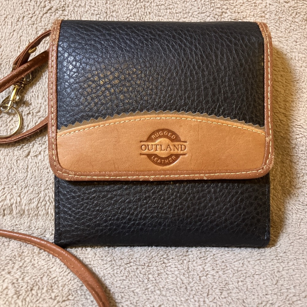 Rugged Outland Leather Crossbody Wallet Bag Purse Multi Card Black Gold Hardware